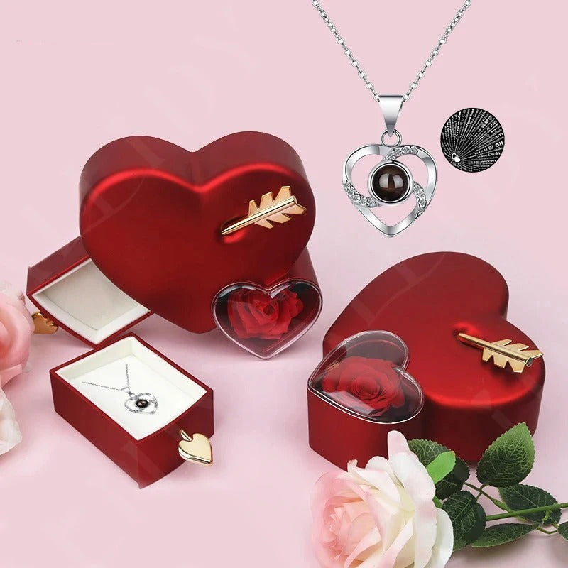 Coffret Cœur Éternel – Rose et Collier "Je T’aime" en 100 Langues